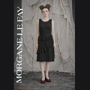 Morgane Le Fay Black Sleeveless Sheath Dress Asymmetric Apron Detail SZ S